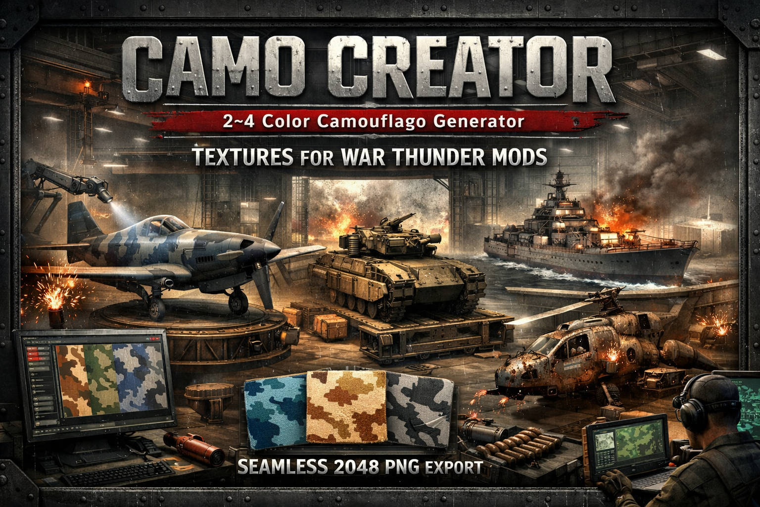 Camo Creator 1.2.1 | Seamless 2048 PNG Camouflage Generator
Generate disciplined 2–4 color segmented camouflage textures. No hue drift. No pastel contamination. Built for War Thunder skins and advanced texture workflows.